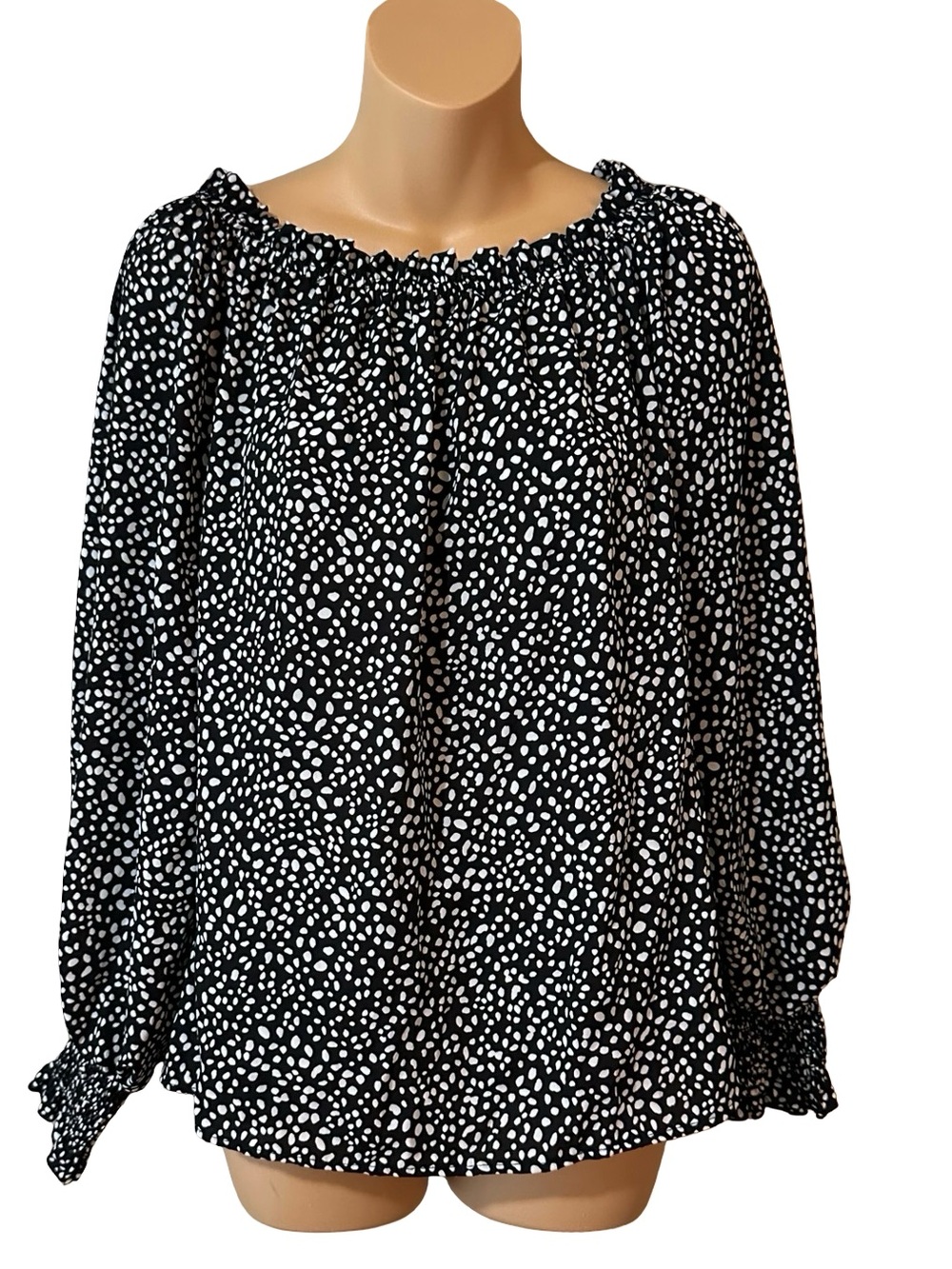 Vine & Love Black White Dalmatian Polka Dot Off Shoulder Smocked Blouse